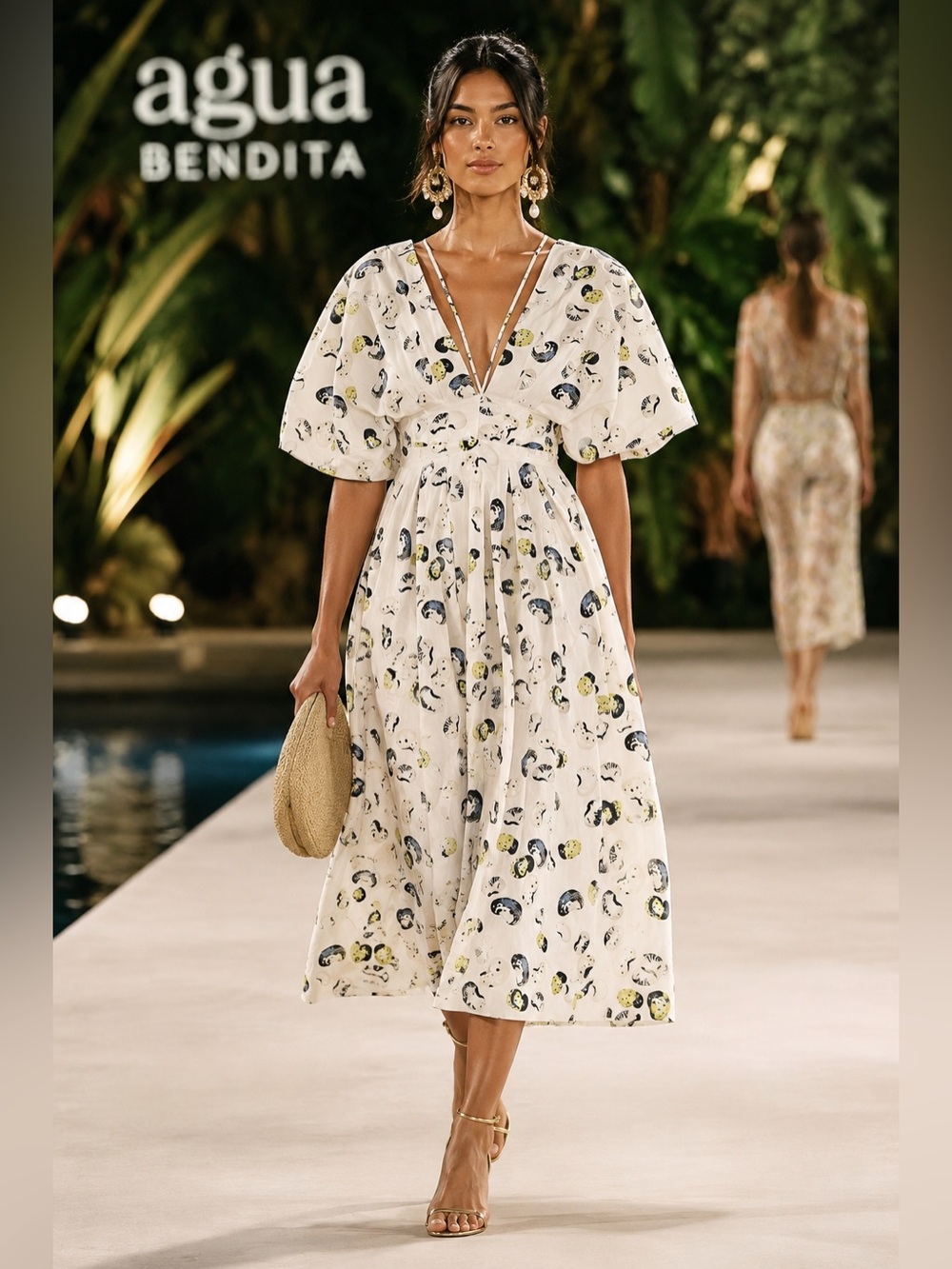 Agua by Agua Bendita Federica Cosecha Midi Dress NWT Medium Plunging V-Neck RARE